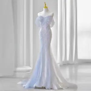 Vestido de noite de manga curta com lantejoulas e borla de pérola, de alta qualidade, ideal para casamento, vestido de noite plissado, 2024