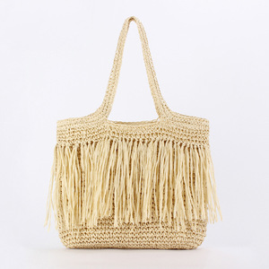 Bolso de Playa Casual de Verano con Borlas Largas, Bolso de Ganchillo Natural Marrón, Bolso de Paja de Papel de Alta Calidad para Regalo Promocional - Product Image 1