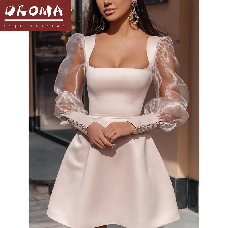 Droma यूरोपीय और अमेरिकी गर्म शैली फैशन आकस्मिक पहनने लवली स्लिम लंबी आस्तीन सफेद फीता पोशाक लड़की