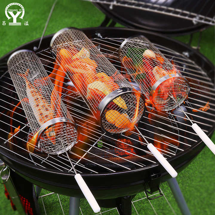 3Pcs BBQ Rolling Grill Basket, Stainless Steel Wire Mesh Portable Cylinder Grill Basket, Outdoor Camping Barbecue Rack Round Grill Cooking Accessories