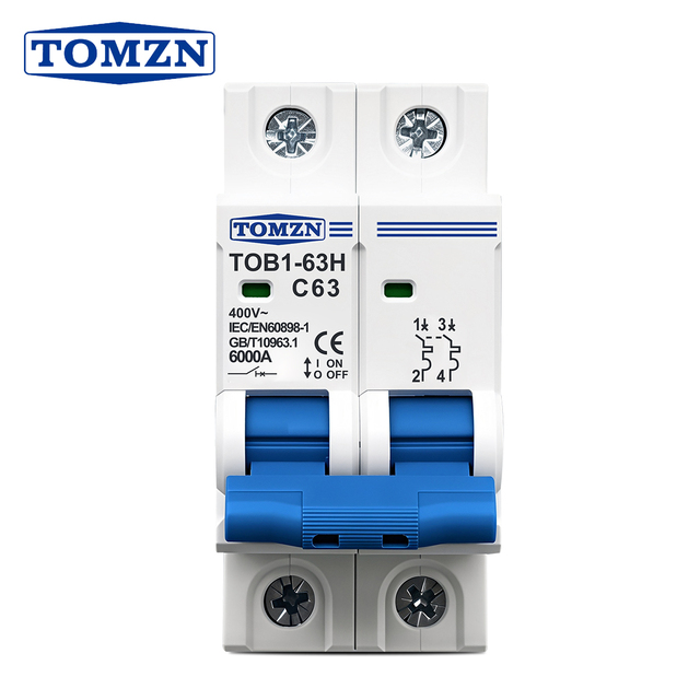 TOMZN 2P AC MCB TOB1-63 C Type 230/400V~ 50HZ/60HZ Mini Circuit Breaker 6A 10A 16A 20A 25A 32A 40A 50A 63A