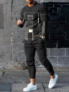 新款春秋季男士复古运动休闲套头圆领长袖豹纹长裤两件套 100%尼龙 231 - Product Image 5