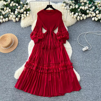 Robe élégante de style français 2026 pour femme, avec manches bouffantes en dentelle et taille ceinturée, coupe trapèze