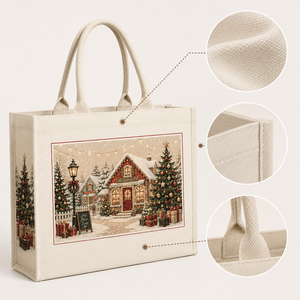 Bolsa de Tela de Algodón Reutilizable y Lavable con Diseño Navideño de Pueblo Nevado, Tienda y Árbol de Navidad Decorado - Product Image 2