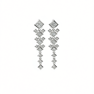 Boucles d'oreilles en or blanc naturel avec diamants taille princesse E2958, style classique pour femme, bijoux raffinés - Product Image 1