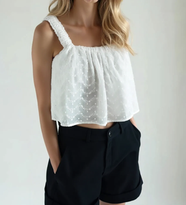 Wholesale 100% Cotton Woven Embroidered Crop <b>Top</b> Square Neck Spaghetti Strap Bohemian Style Women's Tank <b>Top</b> - Product Image 2