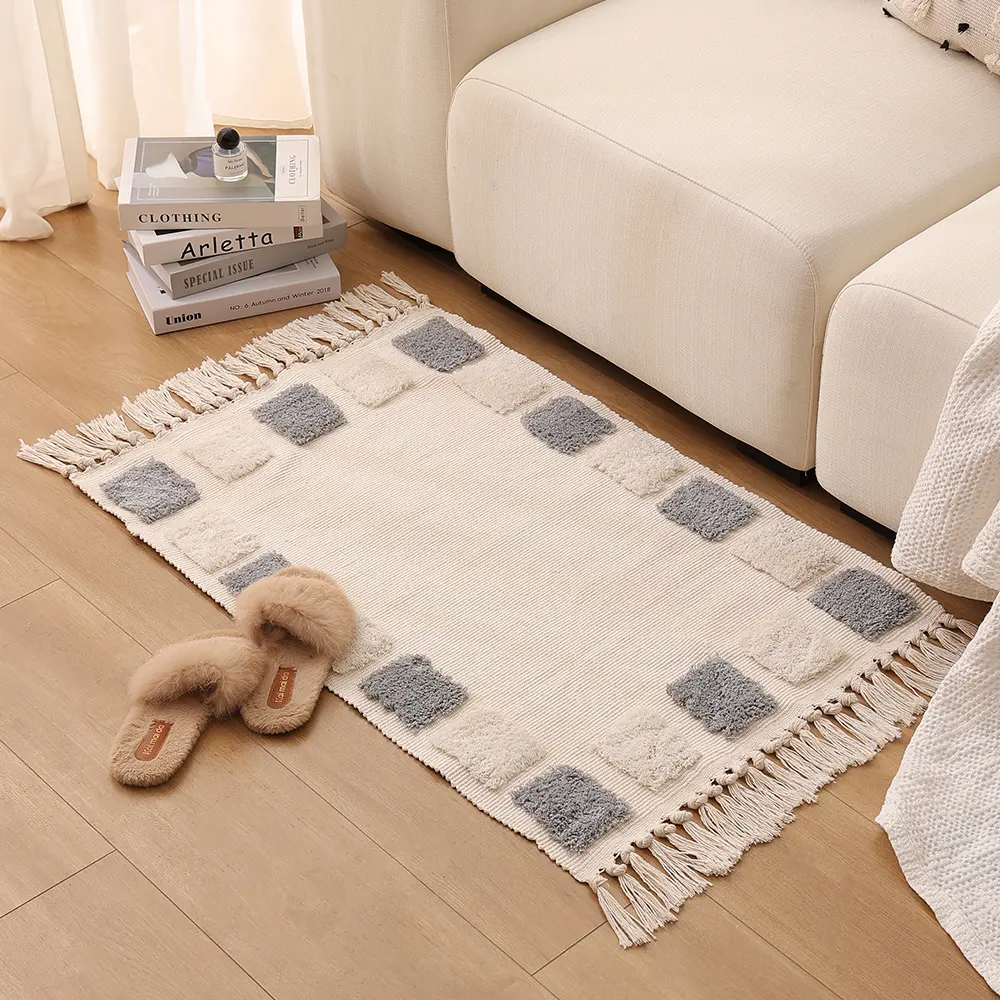 Tapis tufté lavable à motif géométrique avec glands Tapis de sol intérieur pour la cuisine, la buanderie et le salon