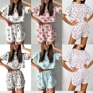 Commerce extérieur transfrontalier, pyjama deux pièces pour femmes européennes et américaines, manches courtes, shorts, imprimé jacquard, mode été - Product Image 2