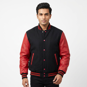 Wholesale Custom Made <b>Men's</b> Plus Size University Jacket with Stand Collar Custom Logo Plain Dyed Leather Wool <b>Men</b> Varsity Jacket - Product Image 1