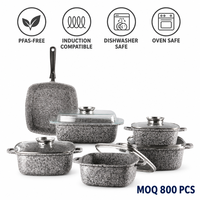 Peralatan masak dapur model klasik, peralatan masak dapur 6 potong lapis batu marmer granit aluminium dengan tutup kaca dan panci bawah induksi