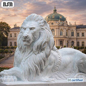 Estatua de León Macho Recostado de Mármol <span class=keywords><strong>Blanco</strong></span> Tallada a Mano por BSA, Escultura de León de Piedra para Decoración de Exteriores de Villas y Mansiones - Product Image 1