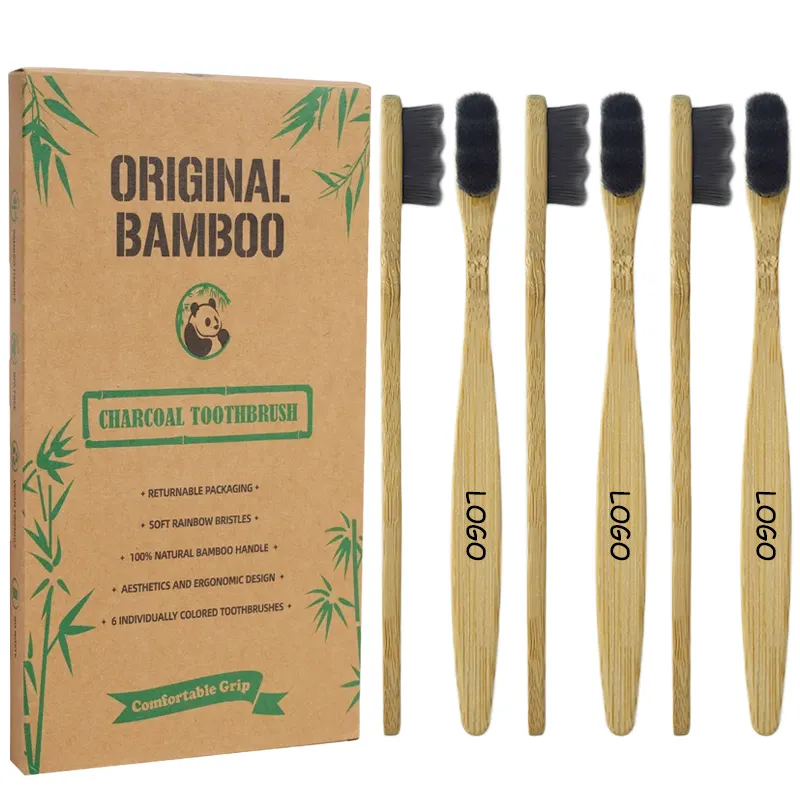 Jual grosir grosir sikat gigi bambu Nano arang organik Biodegradable untuk perjalanan dewasa dengan desain Logo berdiri dan Set