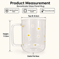Mug en verre borosilicate à motif floral Daisy avec poignée, résistant à la chaleur, compatible micro-ondes, mug à café sans plomb, tasse en verre esthétique et mignonne
