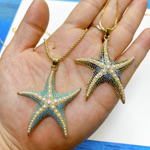 Musim panas gaya baru Pave permata mutiara manik-manik biru bintang laut desain liontin untuk membuat kalung berlapis emas kuningan perhiasan untuk wanita pria - Product Image 5