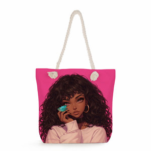 Dikke Canvas Milieuvriendelijke Handheld Boodschappentas Mode Cartoon Print Cool Zwart Meisje Grote Capaciteit Dikke Touw Schoudertas - Product Image 3