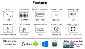 Monitor LCD de 6.3 Pulgadas 2560*1440 con Pantalla Táctil Compatible con Raspberry HDM-I TIPO-C - Product Image 3