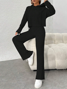 Autunno donna abito Casual in maglia tinta unita abito a manica lunga con cappuccio pantaloni donna maglione pantaloni larghi due pezzi Set due pezzi - Product Image 5