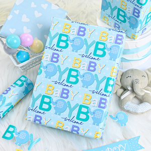 Baby Boy Elephant <b>Pattern</b> Wrapping <b>Paper</b> Roll 80GSM Art <b>Paper</b> Coated Double Side Recyclable Gift Packaging - Product Image 1