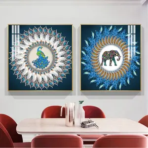 Abstract Mandela Artwork Canvas Prints Animal Wall Art Resin Gloss Painting Elephant & Peacock Crystal Porcelain Painting