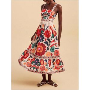 Robe longue élégante pour femme, style bohème, imprimé floral, sans manches, coupe trapèze, bretelles spaghetti, taille élastique, respirante, tissée - Product Image 4