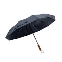 Parapluie pliant robuste et compact, léger, idéal pour les voyages, cadeau, ouverture et fermeture automatiques, 10 baleines, revêtement UV noir, coupe-vent, manche en bois