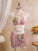 Ensemble de bikini brillant avec sequins 3D, jupe froncée latérale à fleurs, maillot de bain de plage