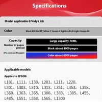 Encre de transfert thermique 674 100ml pour imprimante jet d'encre Epson L1800 L850 L805 L800, encre d'impression par sublimation 6 couleurs, encre de transfert thermique