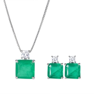 Fashion Eco-friendly Copper Minimalist Square Green Zircon Pendant Earrings Set Elegant Brass Jewelry Sets for Refined Everyday - Product Image 1