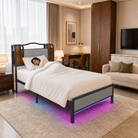 Cadre de lit en métal de qualité supérieure, tête de lit en acier épaissi avec compartiment de rangement et assemblage facile, avec éclairage RGB et port de charge