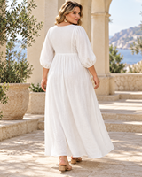 Robe longue décontractée ample et fluide en dentelle à col en V pour femmes grandes tailles, manches longues, style kaftan, vente en gros personnalisée