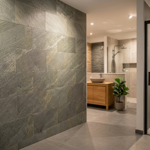 Style industriel, écologique, base en béton poli, dessus en bois, placage en pierre naturelle, design moderne pour la salle de bain d'une villa, décoration murale intérieure - Product Image 4