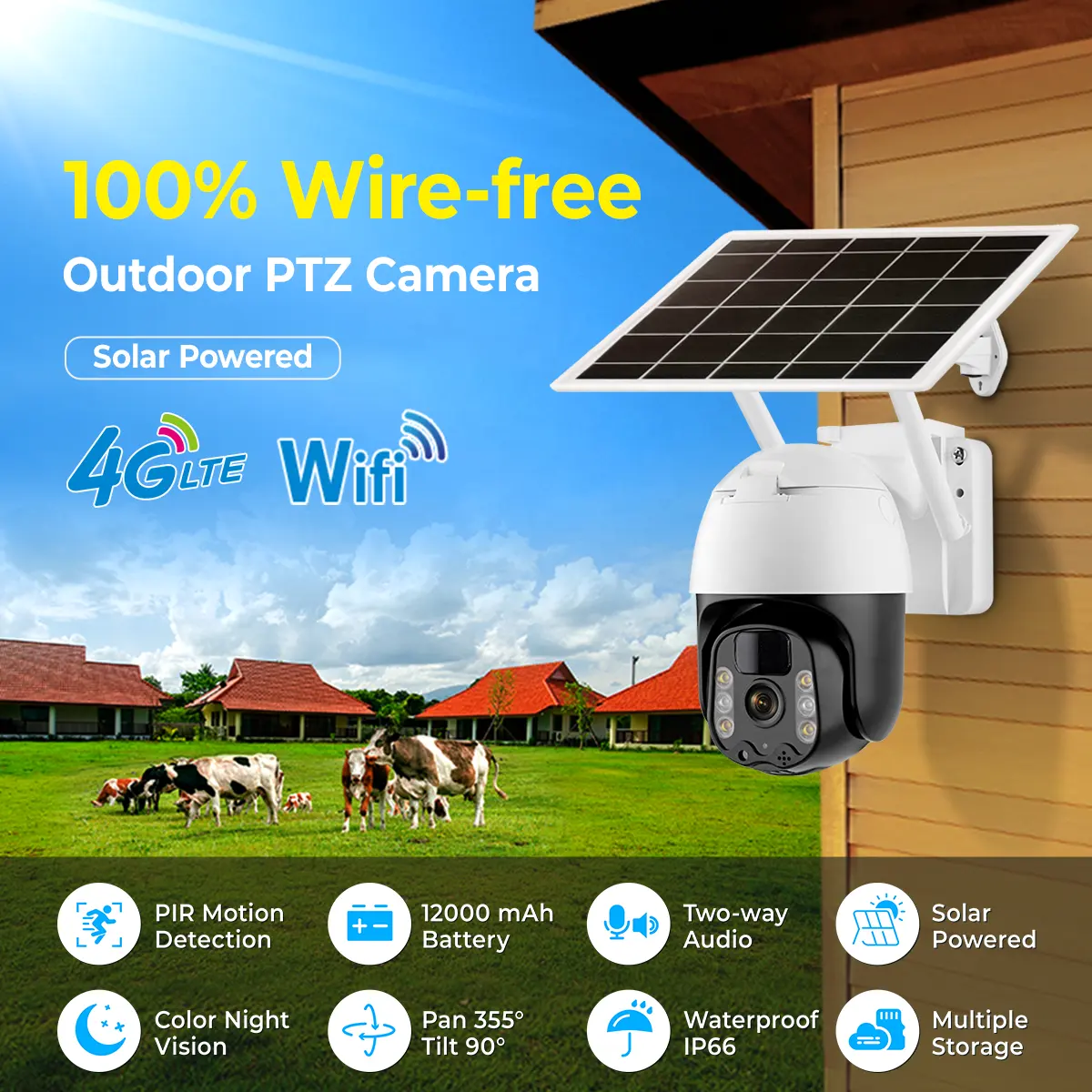12000mAh rechargeable battery solar powered ptz colorful night vision 2k outdoor cctv wireless solar ptz camera security system