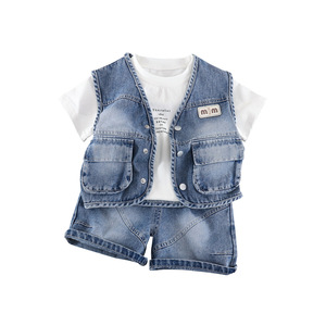 Ensemble d'été 2026 pour garçons : Nouveau <span class=keywords><strong>gilet</strong></span> en jean pour bébés et enfants, ensemble trois pièces à manches courtes, style coréen décontracté avec motif lettres - Product Image 5