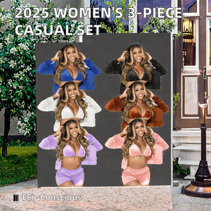 Conjuntos Casuales de 3 Piezas para Mujer al por Mayor 2025, Abrigo con Capucha por Encima de la Rodilla y Pantalones Cortos, Patrón Sólido, Ropa de Mujer de Una Pieza - Product Image 2