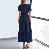 Robe longue d'été décontractée pour femme, grande taille, en mousseline, motif floral bohème, bleu et rouge, à manches courtes, avec poches, pour la plage