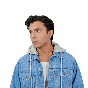 Men's <b>Light</b> Blue Denim Jacket Hood Embroidered Regular Fit Button Closure Stonewashed Cotton Casual High Street Autumn Style - Product Image 3