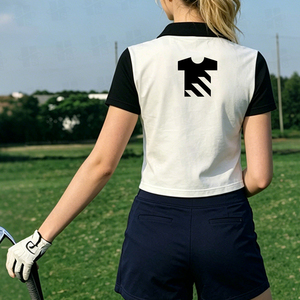Vente en gros de crop tops pour femmes, style preppy, à blocs de couleur, en coton et élasthanne respirant, coupe ajustée, avec logo personnalisé, et polos crop à col contrastant - Product Image 4