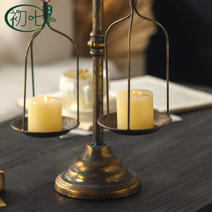 Vintage Wabi Sabi Desktop Libra <b>Candlestick</b> Iron Distressed Craft Wedding Decorative Candle <b>Holder</b> - Product Image 1