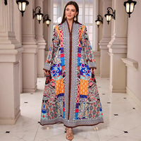 Abaya ample à manches longues en polyester respirant, col en V, avec strass et imprimé patchwork ethnique, robe musulmane