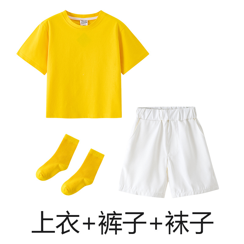 Yellow T-shirt, white shorts, yellow socks