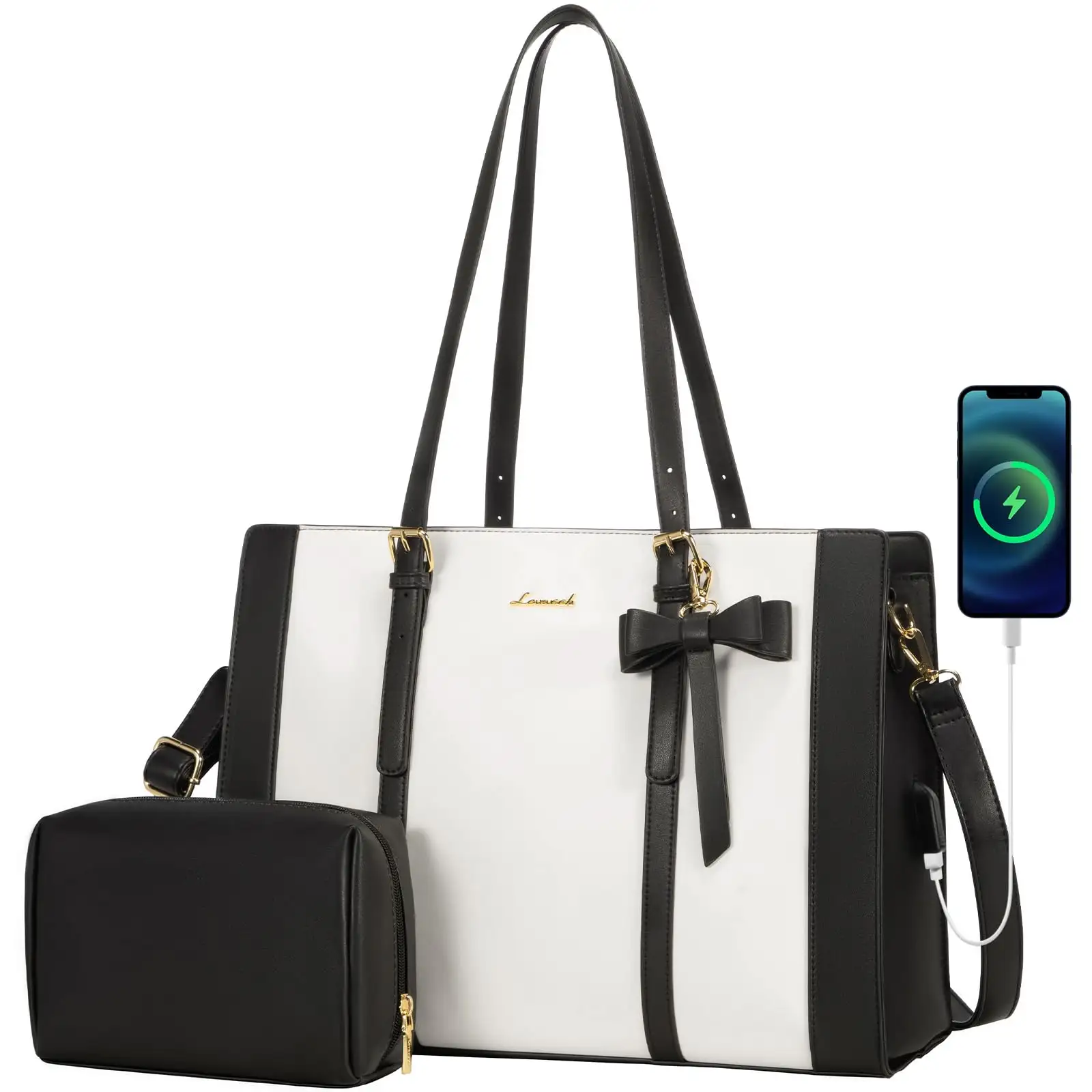 Trendy şık 2 adet/takım bayanlar çanta debriyaj çanta ile PU deri ofis kol çantası çanta büyük kadın evrak laptop çantaları