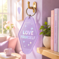 Porte-clés d'hôtel personnalisés : Cadeau d'encouragement sur le thème de la santé mentale, holographique, pastel, amour-propre, en plastique, style motel