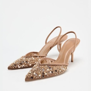 Zapatos DEleventh ZA con Adornos de Cuentas, Parte Superior de Malla, Tacón de Aguja de Perfil Bajo y Punta Puntiaguda, Estilo Mules - Product Image 1