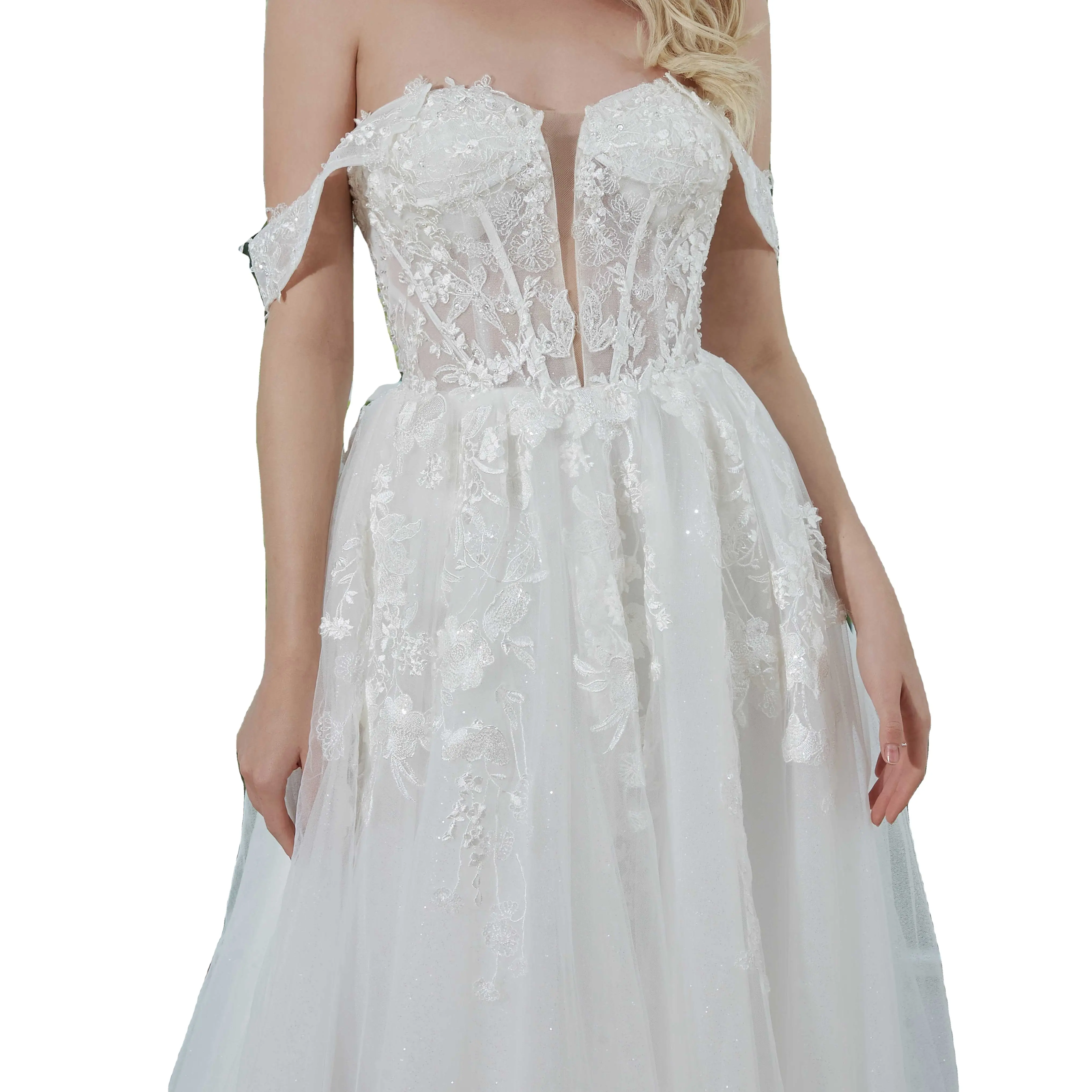 WT4294 Lace applique wedding dress Beaded bridal Tulle light Off shoulder wedding dress