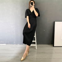 Robe noire en polyester de haute qualité pour femmes, élégante, ample, à taille cintrée, plissée style Miyake