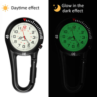 Jam Tangan Analog Quartz Mini Dial Angka Arab Modern Outdoor Custom dengan Klip Carabiner Unisex Kuat Bercahaya Hitam Perak Seng