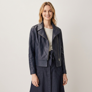 Custom Women Genuine Leather <b>Jacket</b> Navy Blue Biker Coat Turn Down Collar Slim Fit Asymmetric Zipper Leather <b>Jackets</b> - Product Image 1