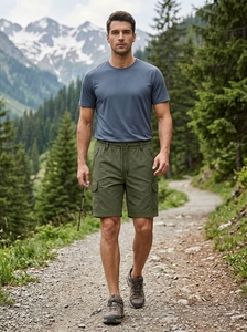 Shorts cargo en nylon tissé pour homme, séchage rapide, taille élastique, cordon de serrage, passants de ceinture, poche zippée, pour activités de plein air, voyage et randonnée - Product Image 3
