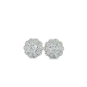 Boucles d'oreilles de luxe en or blanc 18 carats avec motif de fleur à double halo pour femme Cadeau parfait - Product Image 2