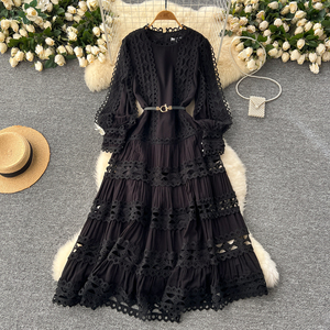 LE2618 all'ingrosso 2024 autunno abiti da donna eleganti Vintage manica lunga o-collo <span class=keywords><strong>in</strong></span> vita sottile a-line cavo <span class=keywords><strong>in</strong></span> <span class=keywords><strong>pizzo</strong></span> abito da donna - Product Image 6